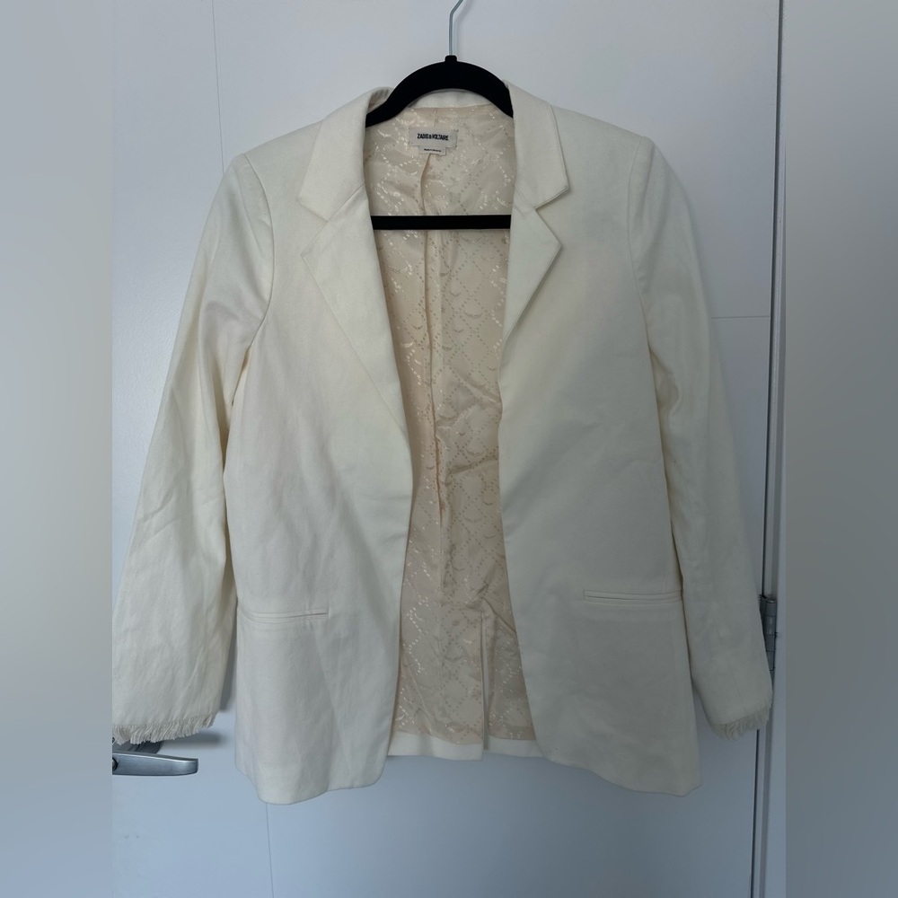 Zadig & Voltaire Volly Fringe Blazer Ivory Open Front Jacket Size S EU 36